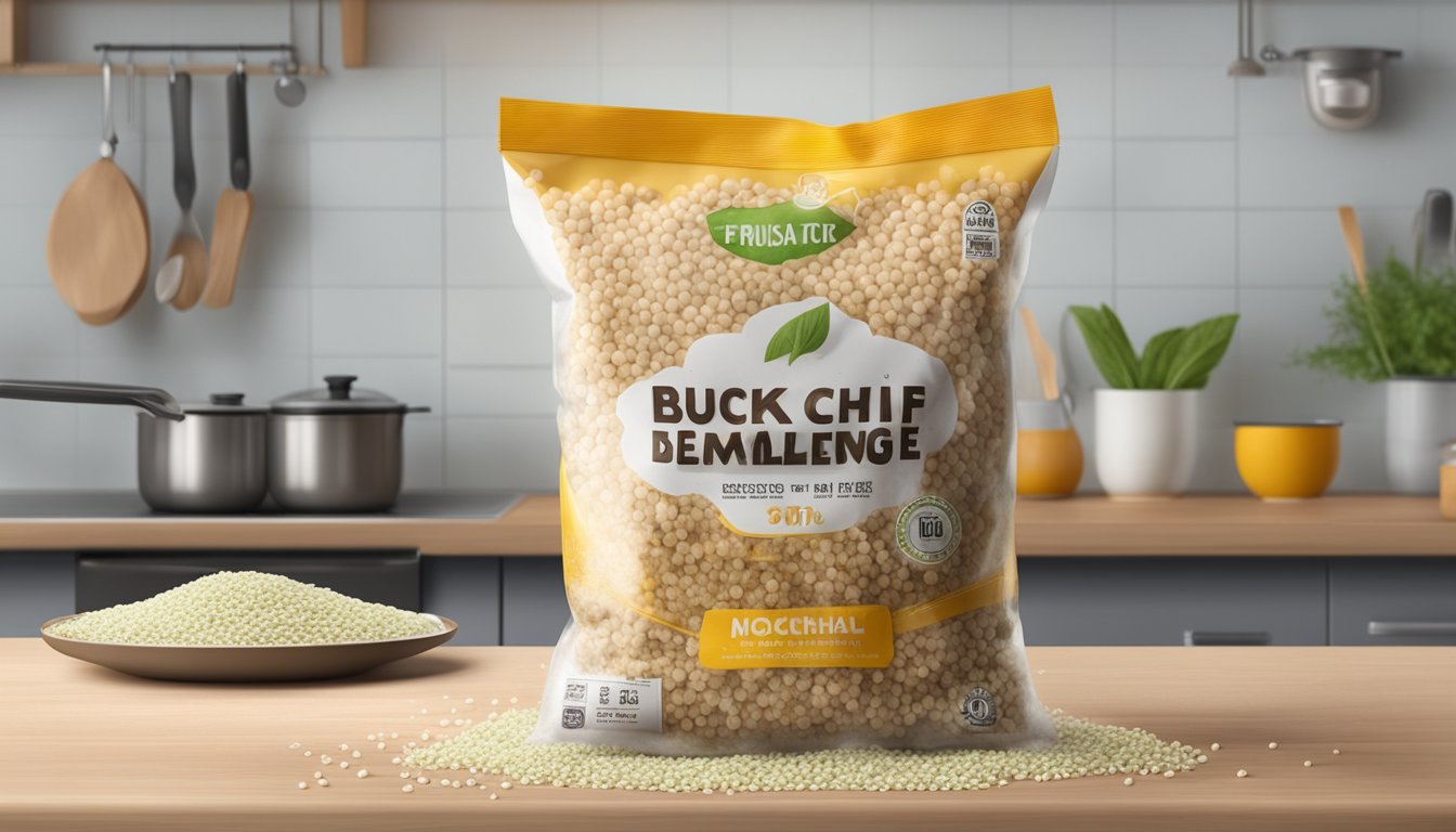 A package of buckwheat noodles sits open on a kitchen counter, surrounded by a cloud of mold spores