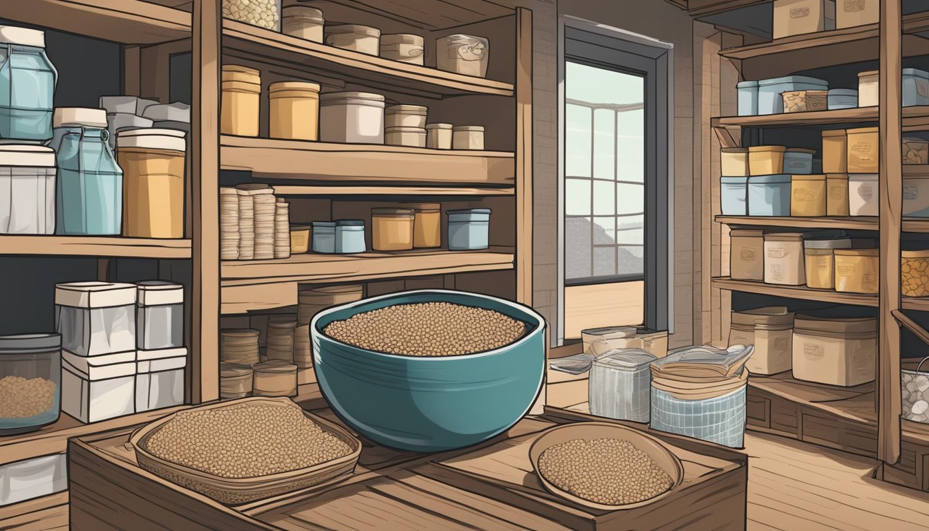 A tightly sealed package of buckwheat noodles sits in a cool, dry pantry, surrounded by other dry goods and ingredients