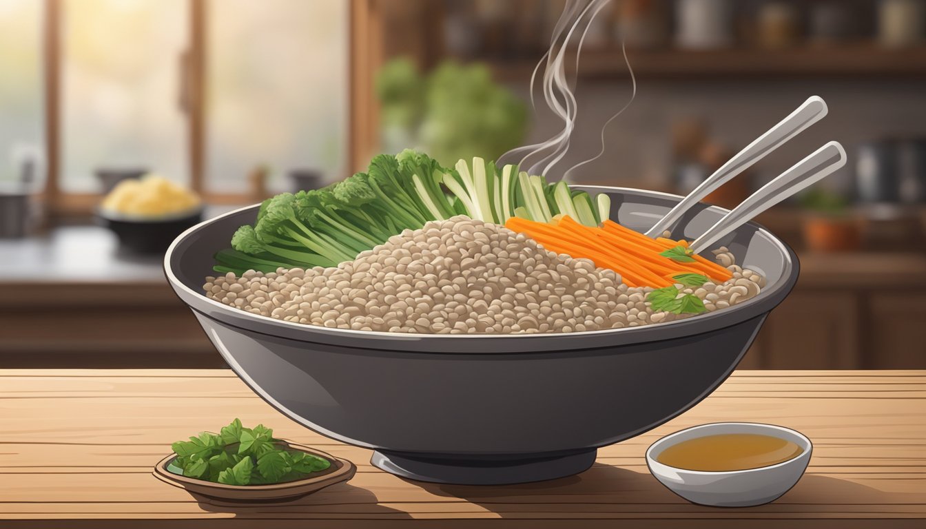 A bowl of buckwheat noodles sits on a rustic wooden table, surrounded by fresh vegetables and a steaming pot of broth