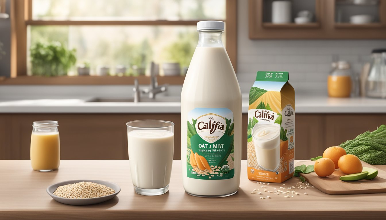 A carton of Califia Farms Oat Milk sits unopened on a kitchen counter, surrounded by various fresh ingredients and a refrigerator in the background