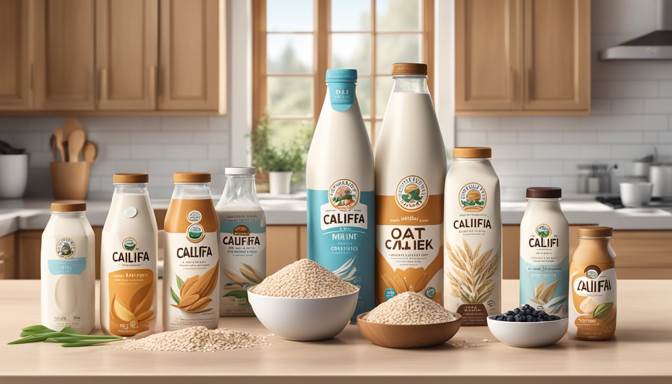 A carton of Califia Farms Oat Milk sits on a kitchen counter, surrounded by various types of oat milk