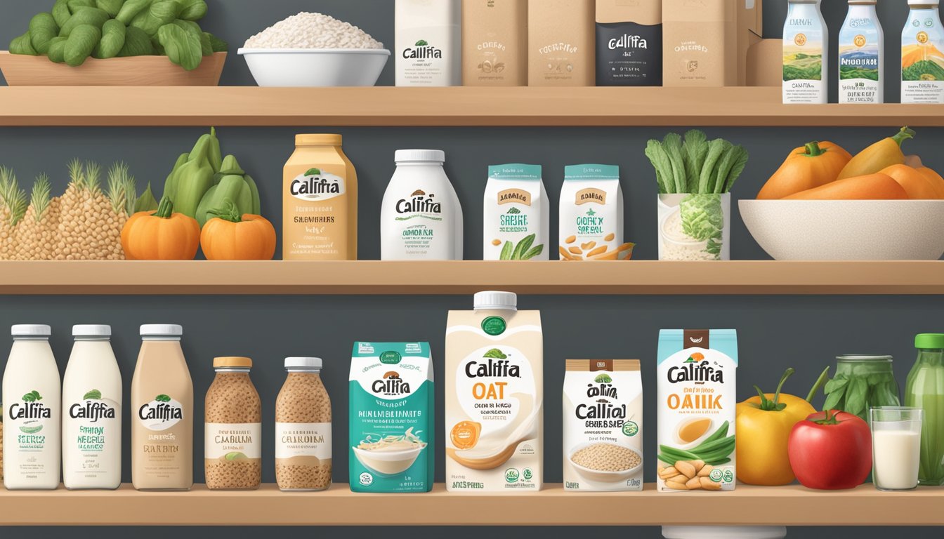 A refrigerator shelf with a carton of Califia Farms Oat Milk, surrounded by other dairy alternatives and fresh produce