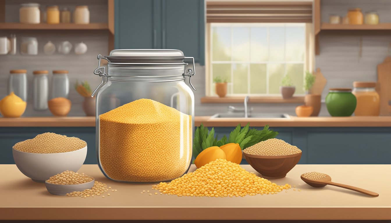 A jar of bulgur sits on a kitchen shelf, surrounded by other grains and ingredients. The jar is sealed with a lid, indicating its freshness