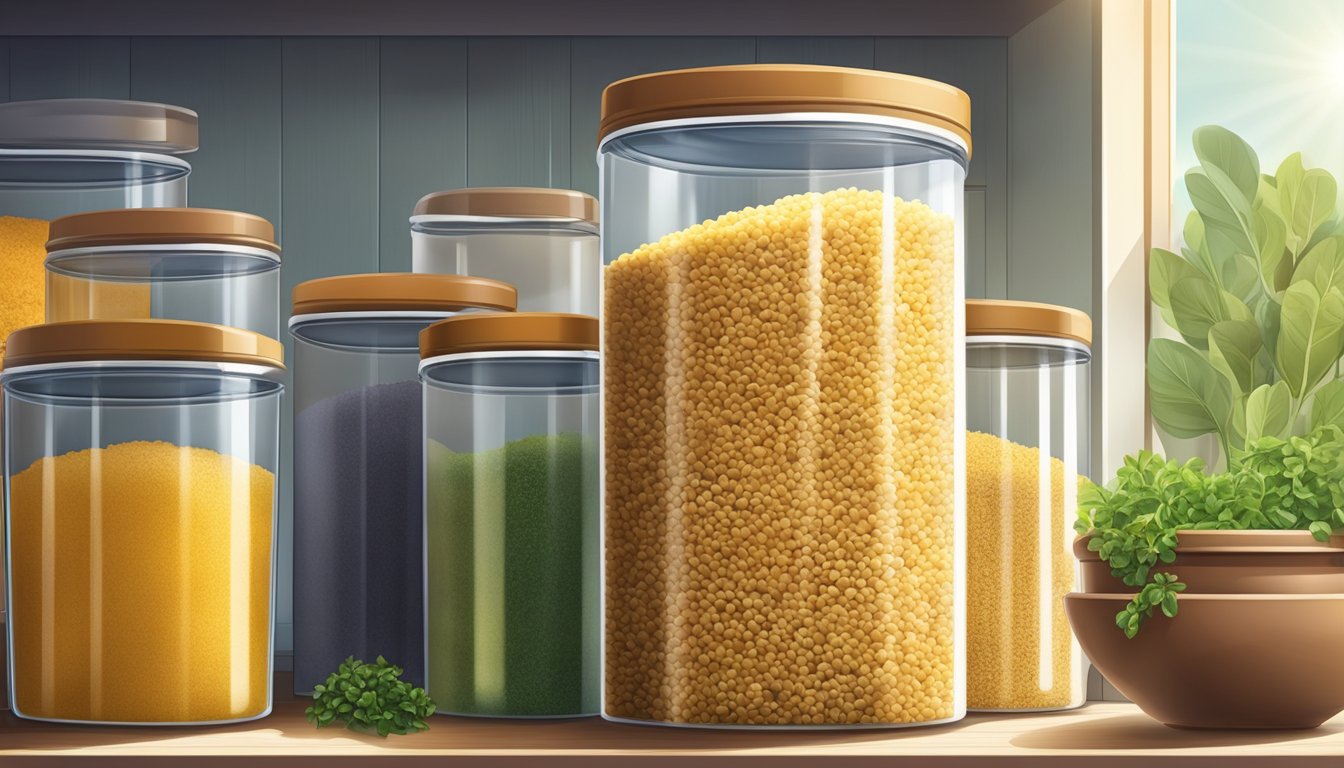 A sealed container of bulgur sits in a cool, dry pantry, away from direct sunlight and moisture