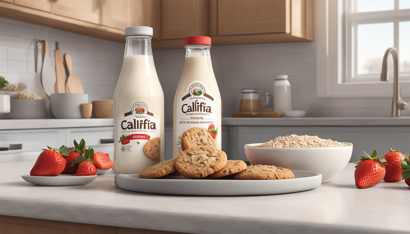 A bottle of Califia Farms Oat Milk sits on a kitchen counter, surrounded by fresh oatmeal cookies and a bowl of ripe strawberries