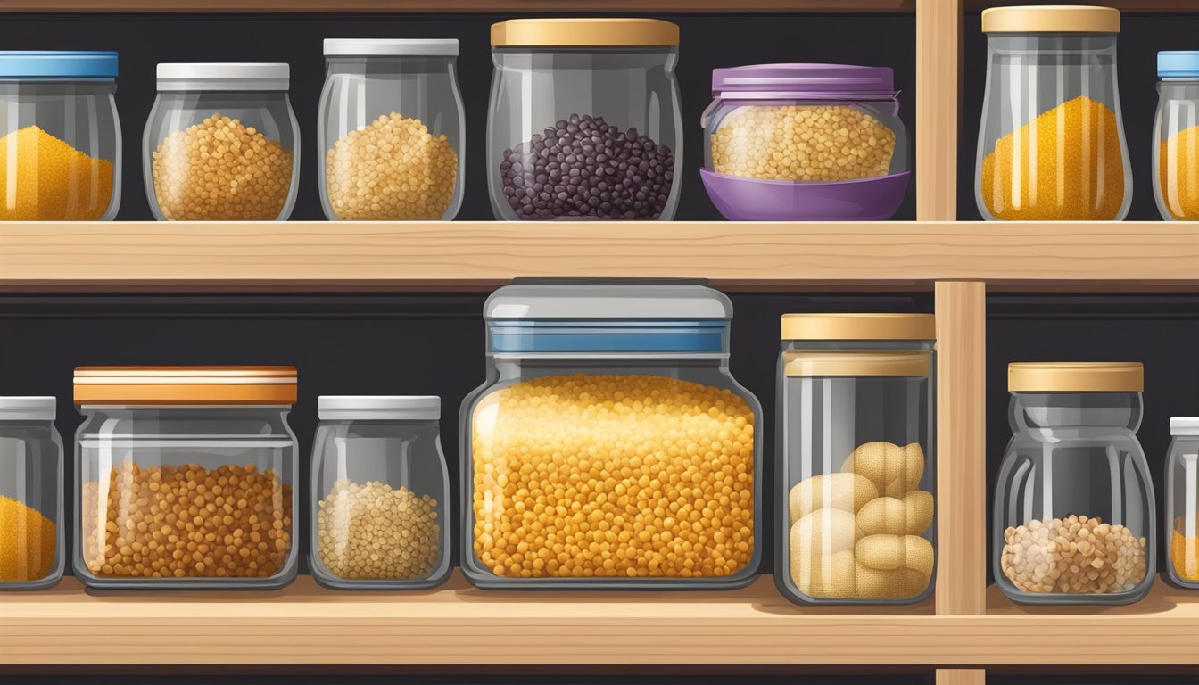 A tightly sealed container of bulgur on a pantry shelf, surrounded by other dry goods