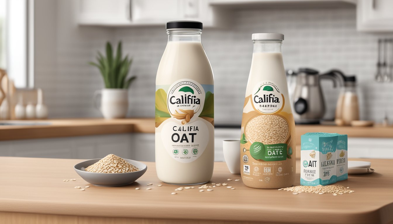 A glass bottle of Califia Farms Oat Milk sits on a kitchen counter, surrounded by a few loose oats and a calendar with the date circled