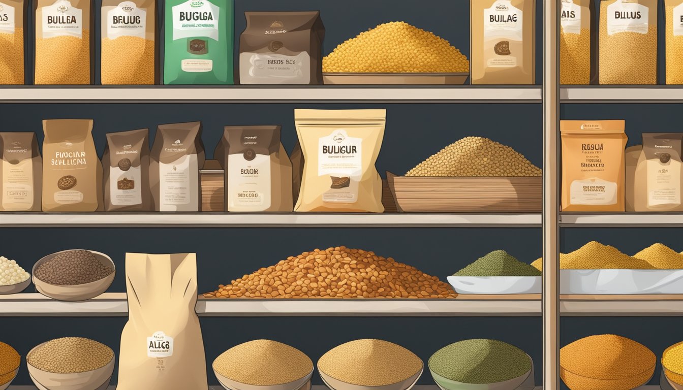 A bag of bulgur sitting on a pantry shelf, surrounded by other dry goods. The packaging is intact and the bulgur appears dry and free of any signs of spoilage