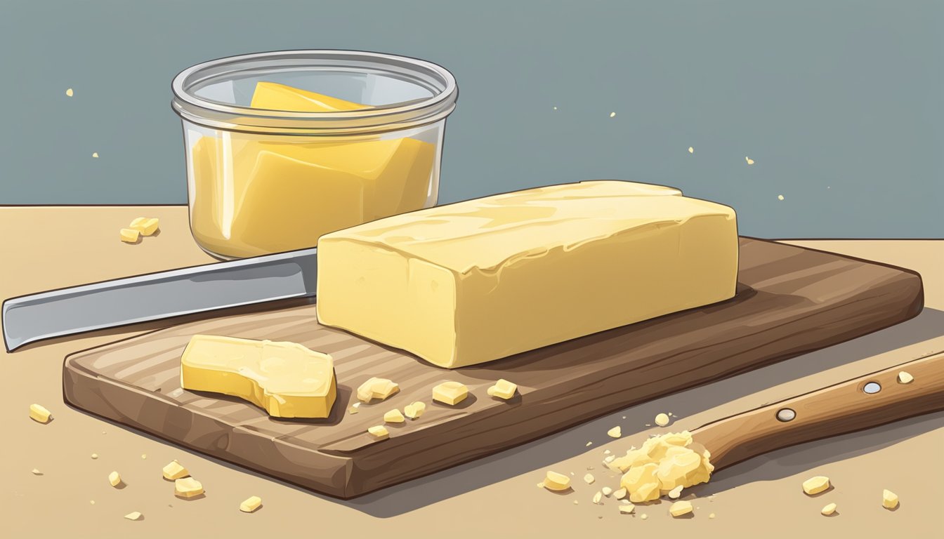 A stick of butter sits on a countertop, surrounded by a knife and a few crumbs. The butter is partially spread on a slice of bread, with the remaining portion still intact