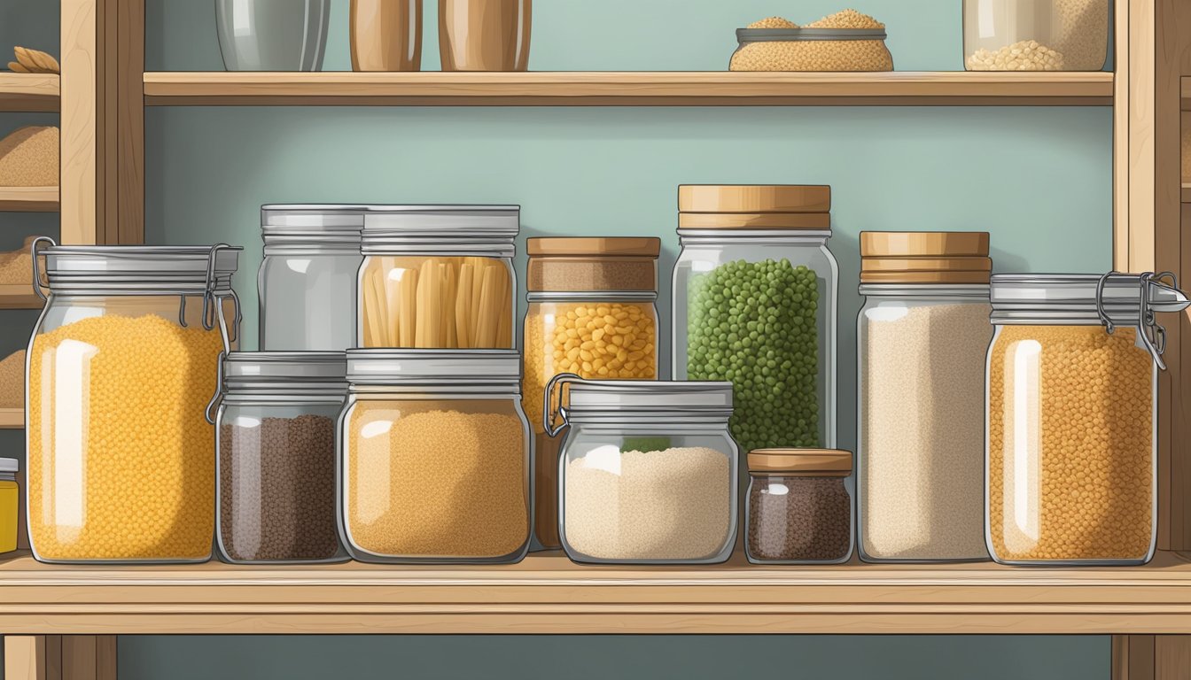 A mason jar filled with bulgur wheat sits on a clean, organized pantry shelf, surrounded by other dry goods and cooking supplies