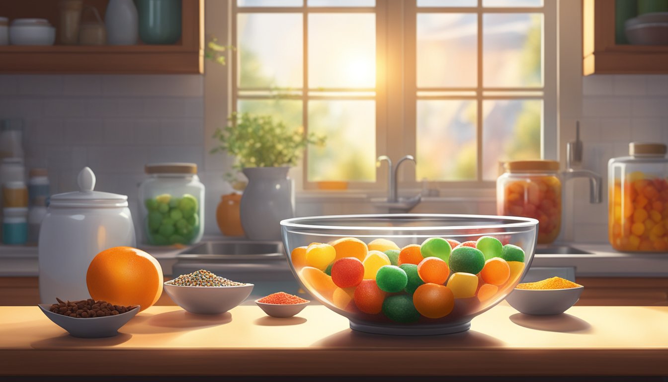 A bowl of candied fruit sitting on a kitchen counter, surrounded by various containers of sugar and spices. Sunlight streams through the window, casting a warm glow on the fruit