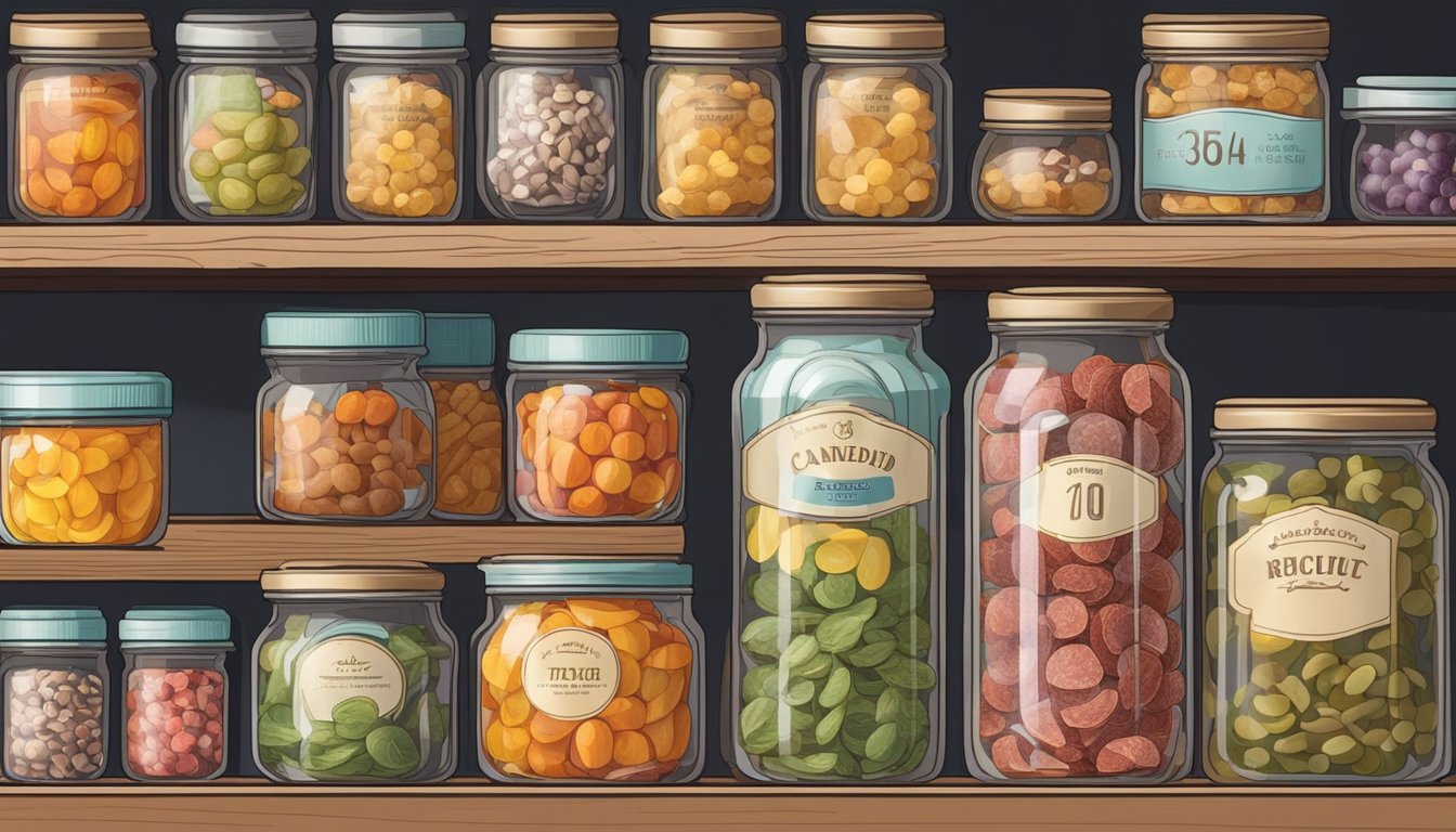 A jar of candied fruit sits on a kitchen shelf, surrounded by other preserved foods. The label displays the expiration date