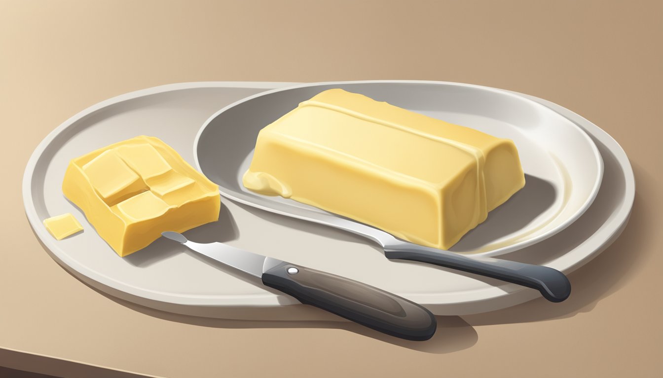 A stick of butter sits on a countertop, next to a butter dish and a knife. The butter is partially unwrapped, with a few slices missing