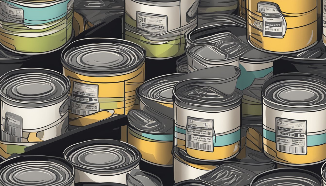 A pantry shelf with neatly stacked cans of black beans, some with expiration dates visible