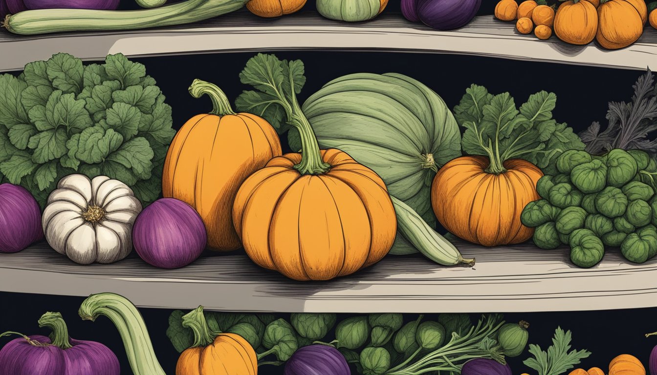 A butternut squash sits on a shelf in a cool, dark pantry, surrounded by other winter vegetables. It is whole and unblemished, waiting to be used in a delicious recipe