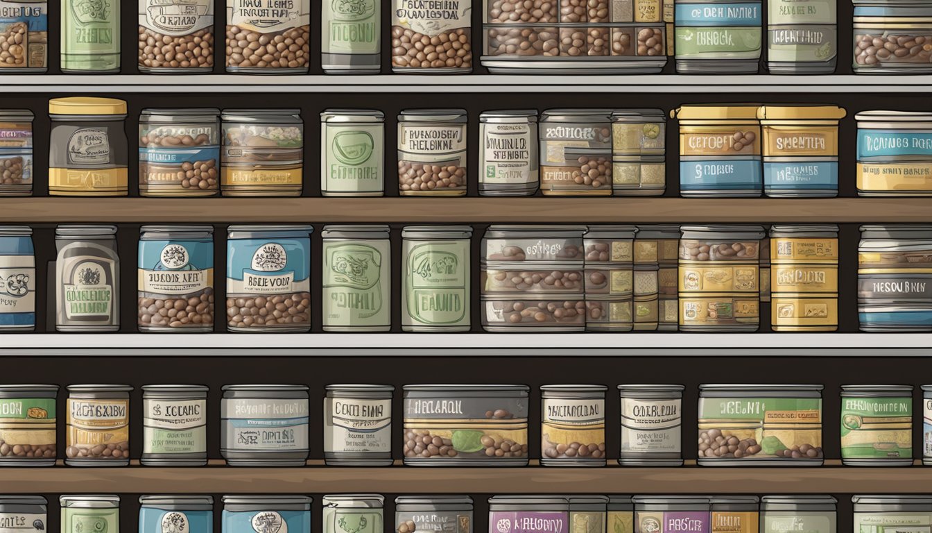 A pantry shelf with rows of canned black beans, some with expiration dates visible