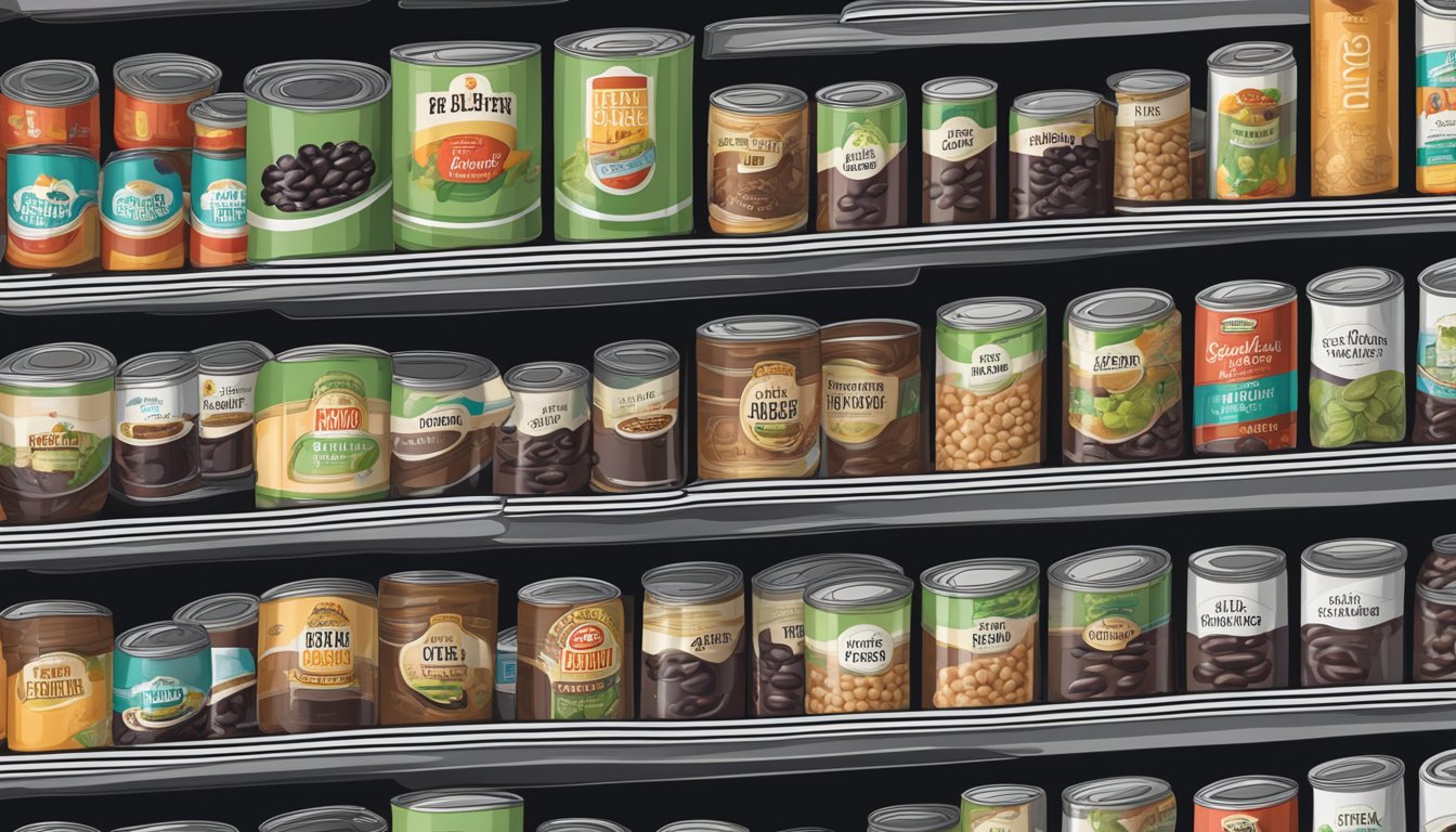 A pantry shelf with rows of canned black beans, some with expiration dates visible