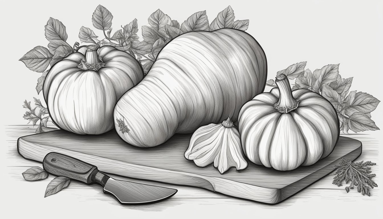 A butternut squash sits on a wooden cutting board next to a chef's knife and a pile of fresh herbs. The squash is whole and uncut, ready to be used in a recipe