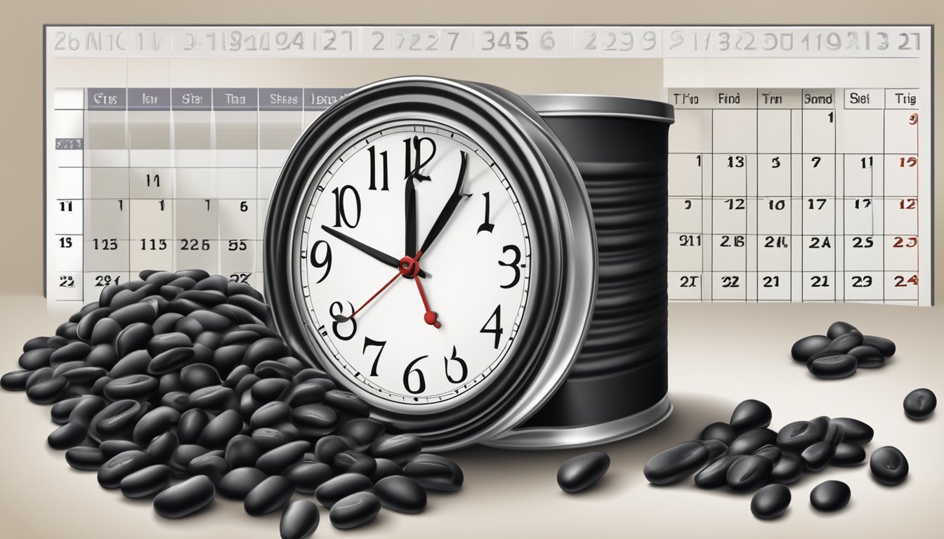 A can of black beans with a visible expiration date, surrounded by a calendar and a clock to indicate the passage of time