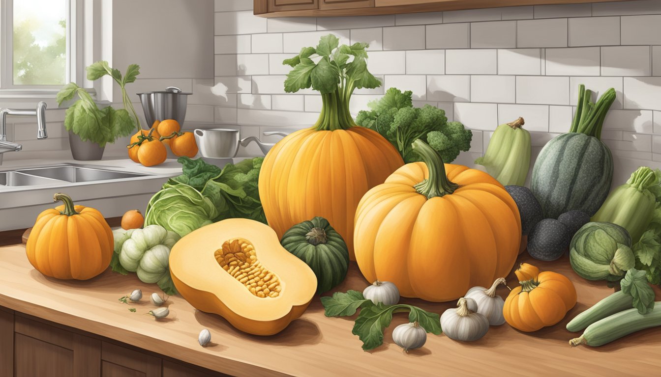 A butternut squash sitting on a kitchen counter, surrounded by other fresh produce