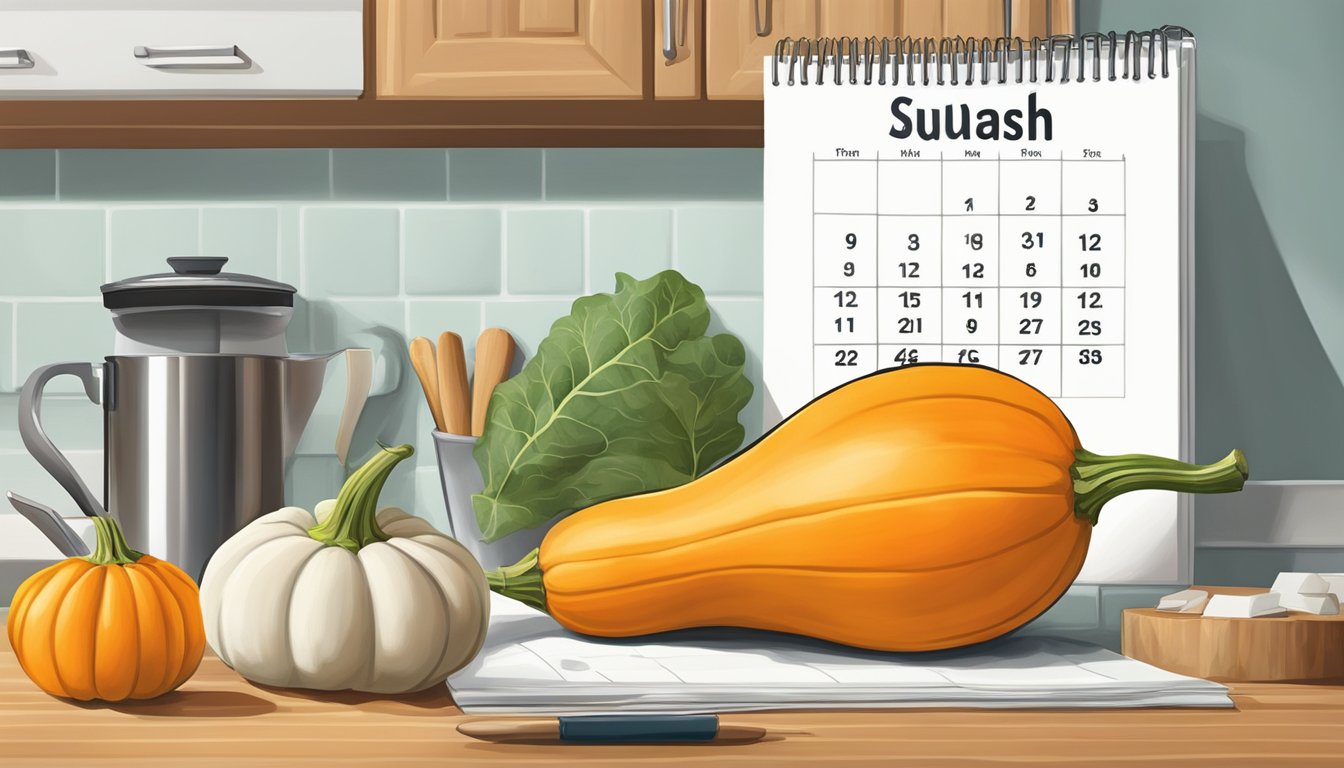 A butternut squash sits on a kitchen counter next to a calendar. The squash is firm and vibrant orange in color, suggesting freshness