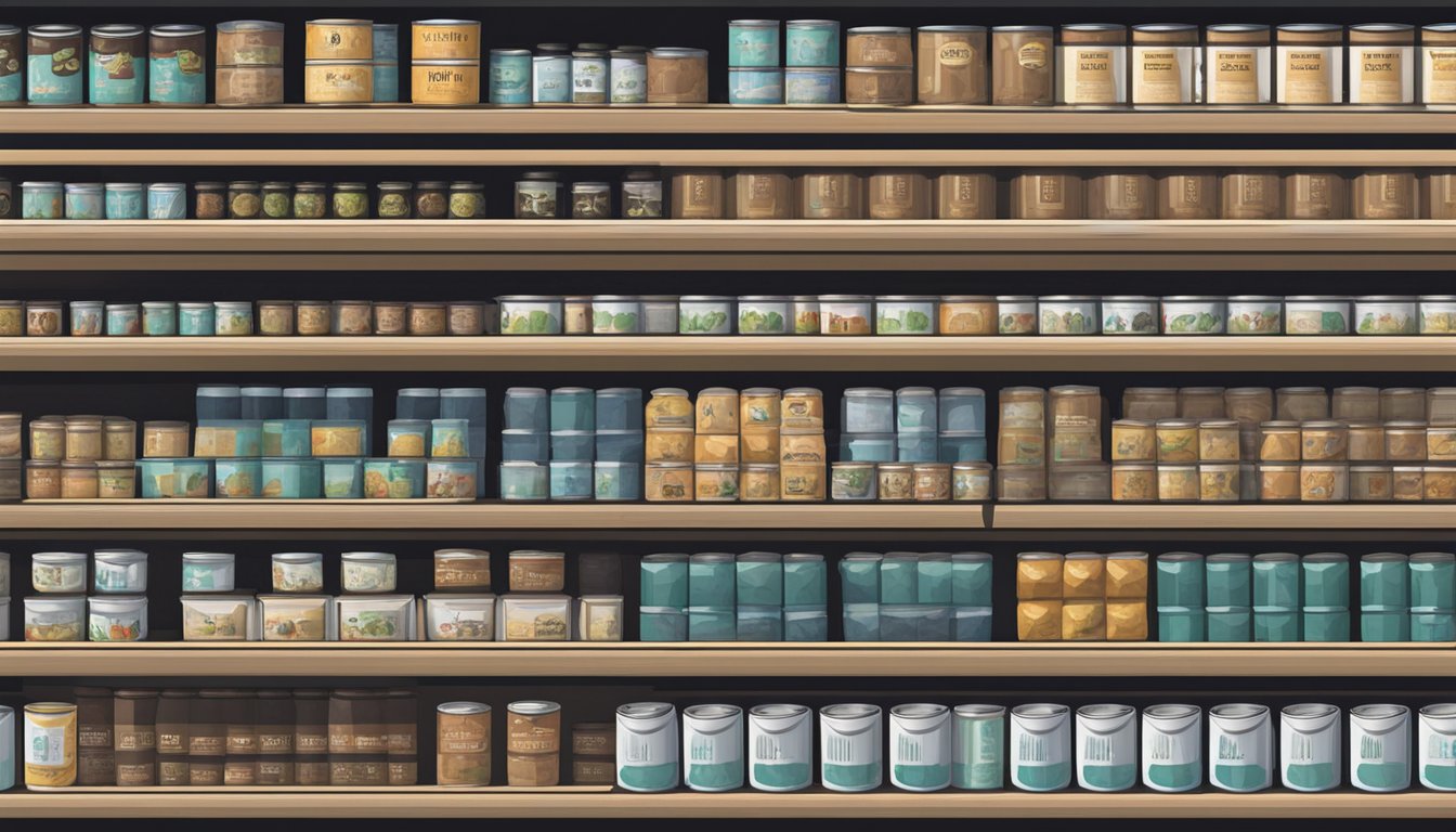 A pantry shelf with rows of neatly stacked canned black beans, some with expiration dates clearly visible