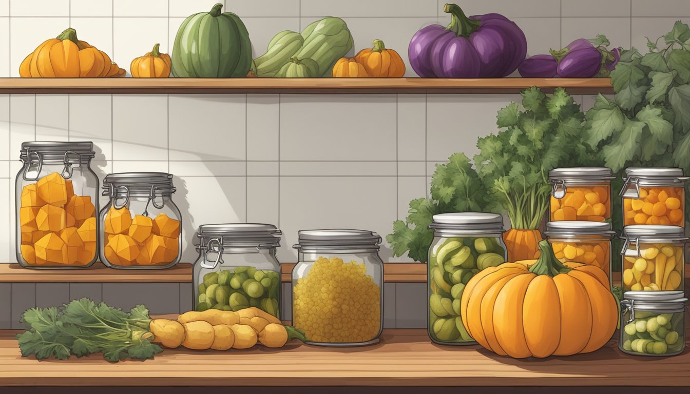 Butternut squash on a shelf, surrounded by jars of pickled vegetables and a dehydrator, with a calendar showing the passing of time