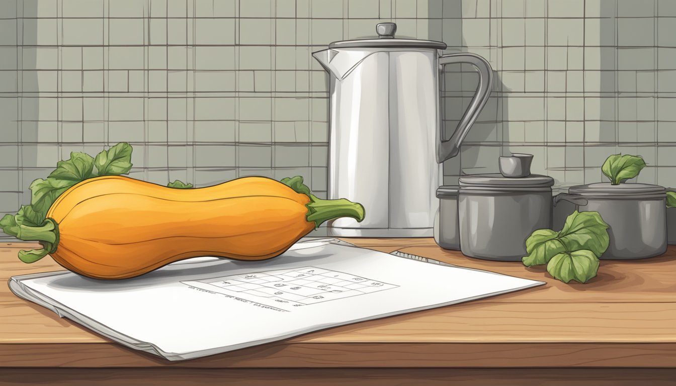 A butternut squash sits on a kitchen counter next to a calendar showing the current date. The squash looks firm and fresh, with no signs of spoilage