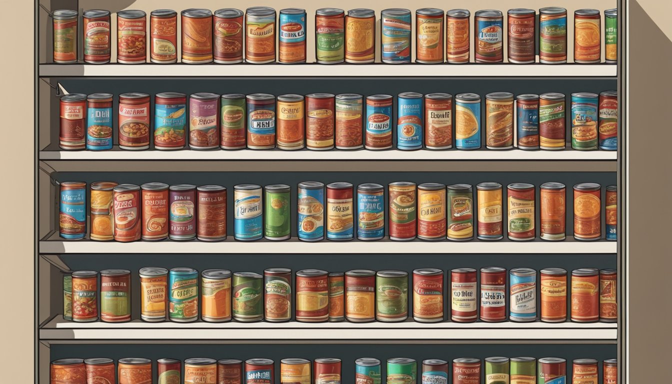 A pantry shelf with rows of canned chili, some with expiration dates visible