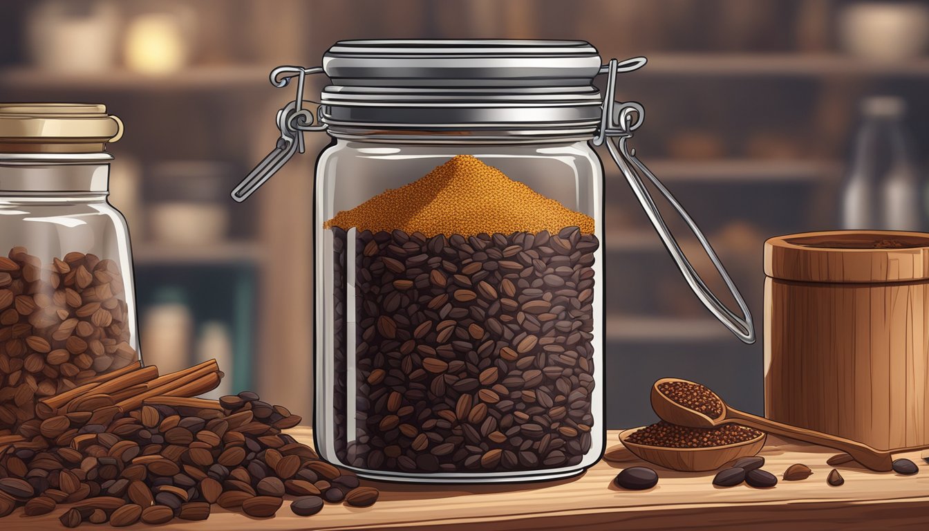 A glass jar filled with cacao nibs sits on a wooden shelf, surrounded by various spices and ingredients. The nibs are dark brown and have a slightly rough texture