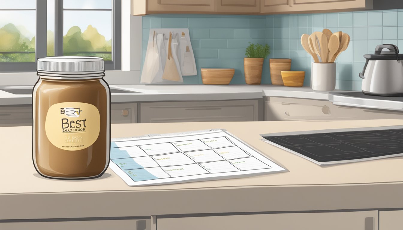 A jar of cacao butter sits on a kitchen counter next to a calendar. The jar is unopened, with a "best by" date circled in red