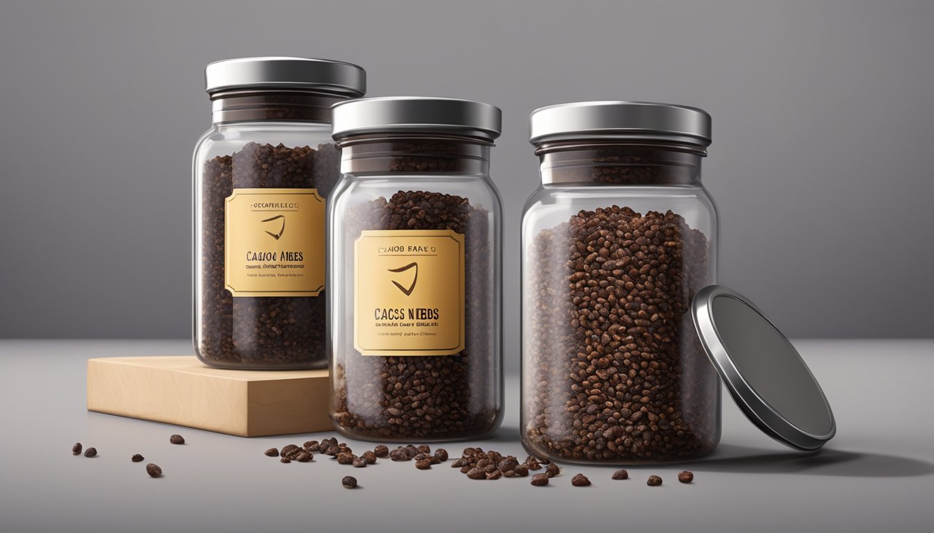 A glass jar filled with cacao nibs sealed with a metal lid, placed in a cool, dark pantry