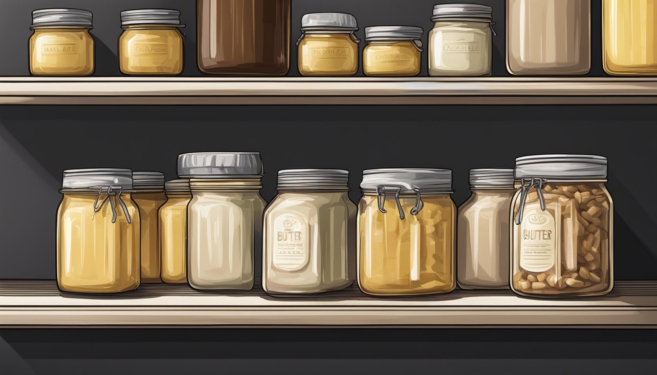 A glass jar of cacao butter sits on a cool, dark pantry shelf, away from direct sunlight and heat sources