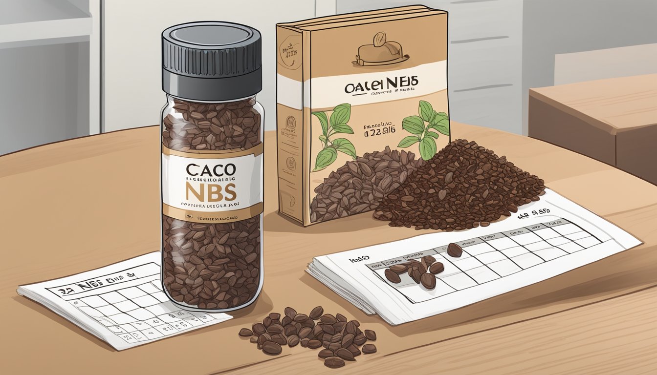 A sealed package of cacao nibs sits on a shelf next to a calendar marking the current date. The nibs appear fresh and intact, with no signs of spoilage or degradation