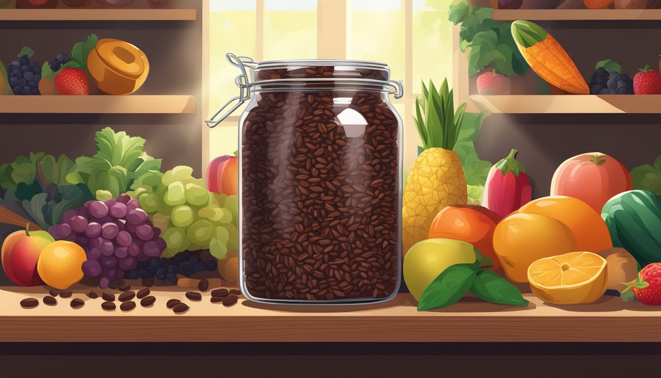 A jar of cacao nibs sits on a shelf, surrounded by colorful fruits and vegetables. Sunlight streams in, highlighting the rich, dark brown color of the nibs