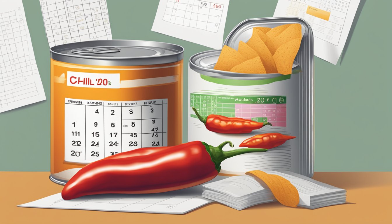 A can of chili surrounded by a calendar, indicating expiration date