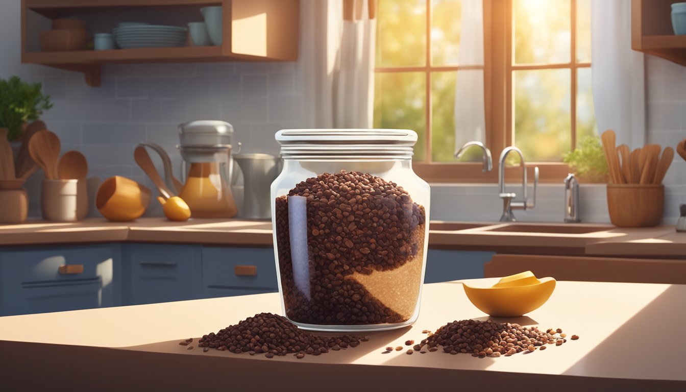 A jar of cacao nibs sits on a kitchen counter, surrounded by various healthy ingredients. The sunlight streams in through the window, casting a warm glow on the scene