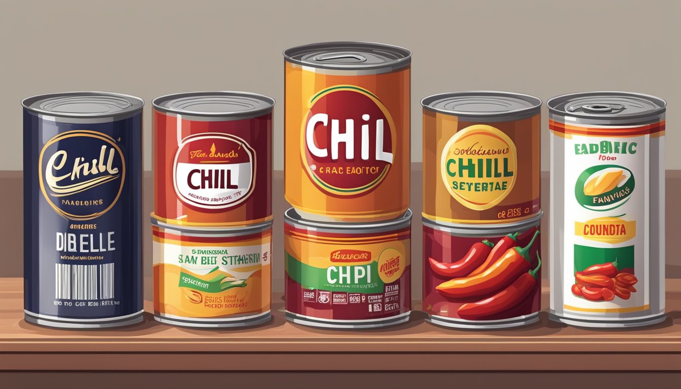 A stack of canned chili with varying expiration dates, some dented and damaged, others pristine, sitting on a shelf in a pantry