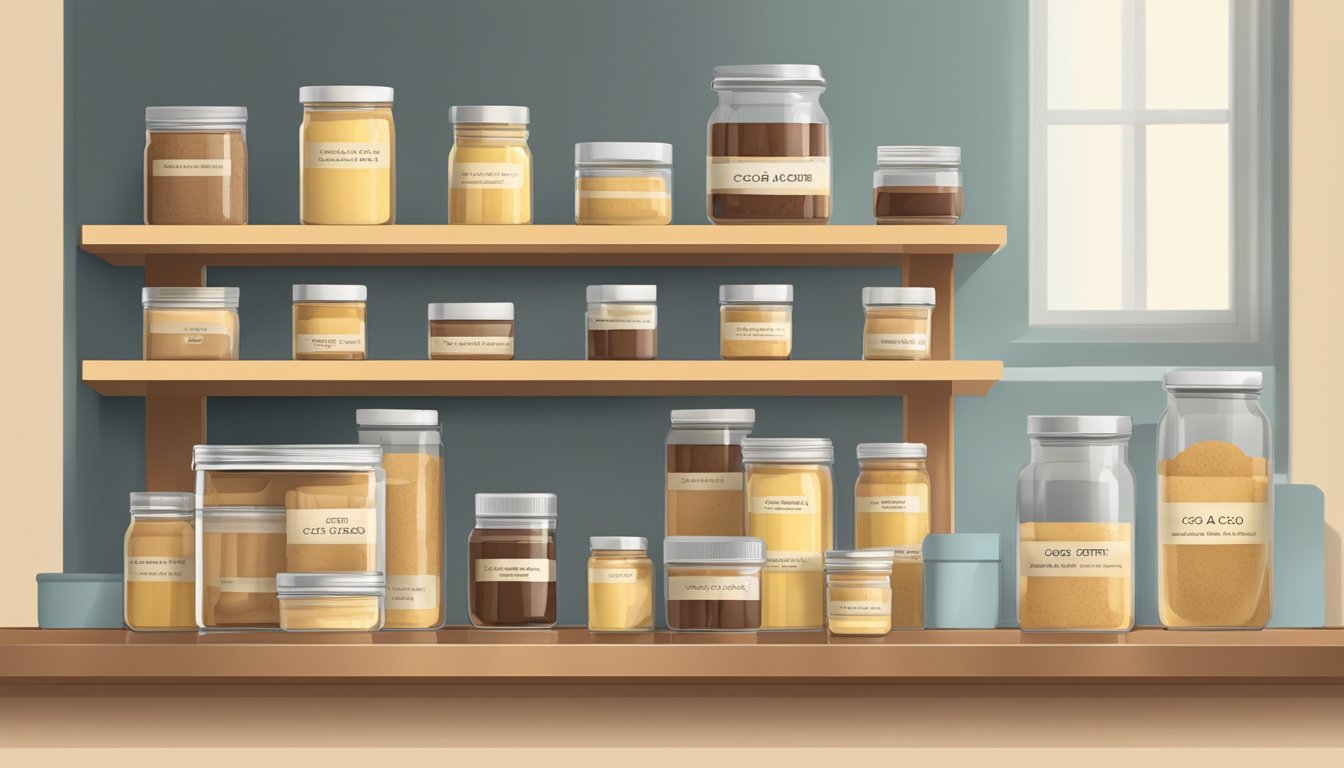 A jar of cacao butter sits on a shelf, sealed tightly with a lid. The surrounding area is organized with labeled containers for easy access