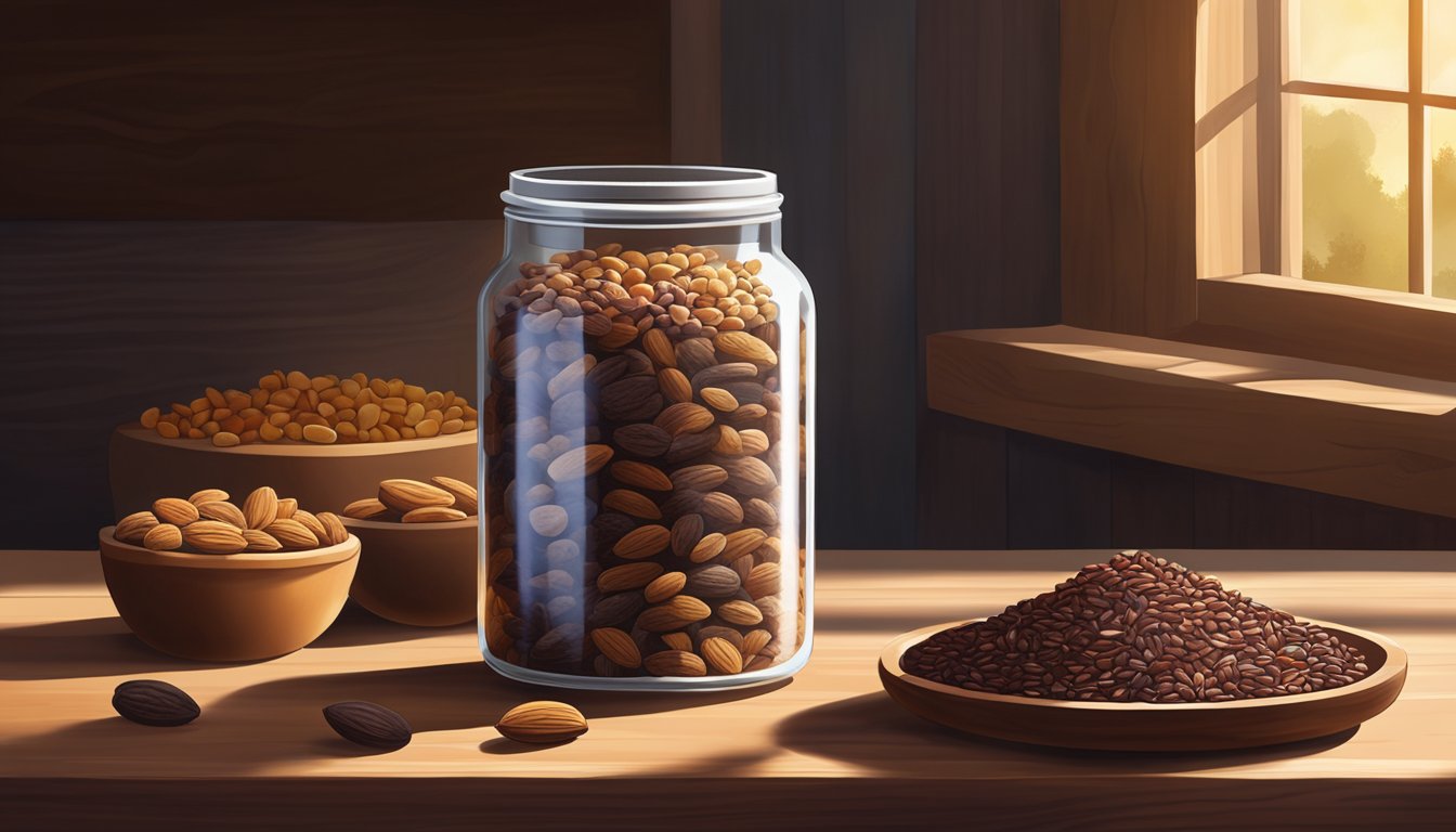 A jar of cacao nibs sits on a rustic wooden shelf, surrounded by dried fruits and nuts. Sunlight streams in through a nearby window, casting a warm glow on the ingredients