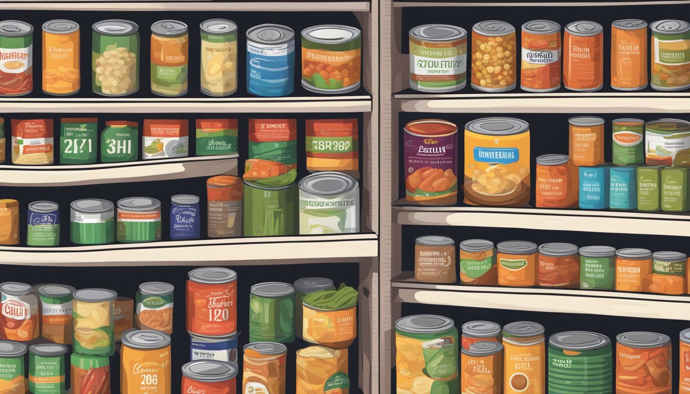 A pantry shelf with a variety of canned foods, including a can of chili, surrounded by expiration dates and nutritional information