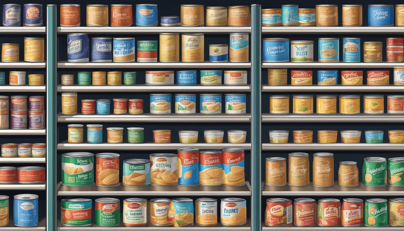 A pantry shelf with rows of canned evaporated milk, some with expiration dates visible