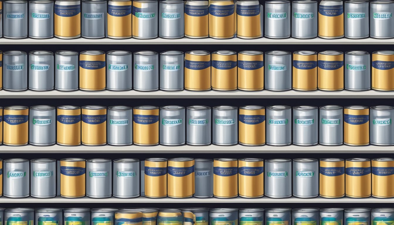 A pantry shelf with a row of canned evaporated milk, some with expiration dates clearly visible