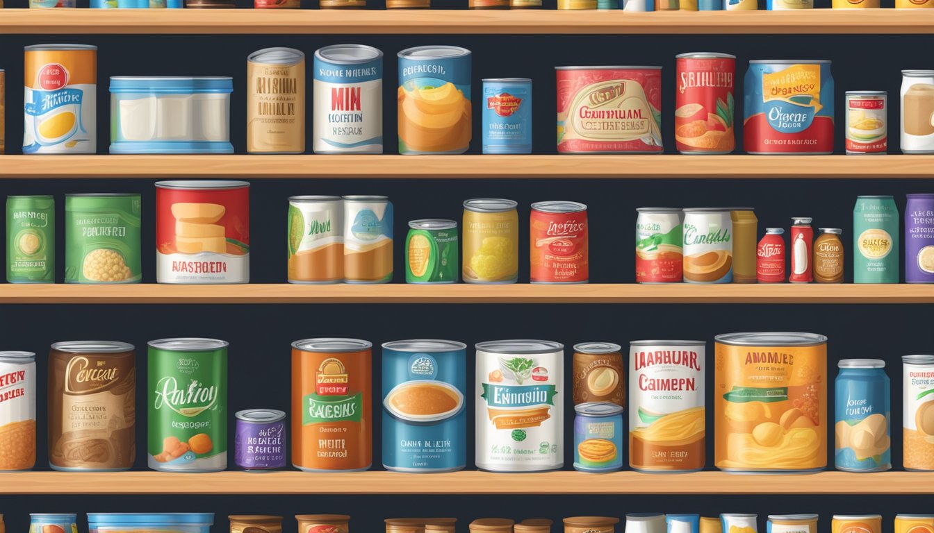 A pantry shelf with a can of evaporated milk, surrounded by other canned goods