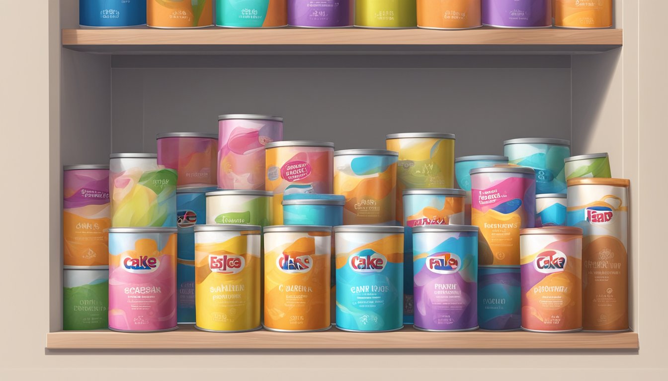 A colorful array of expired cake mix boxes, some open and spilling powder, others still sealed, sitting on a dusty pantry shelf