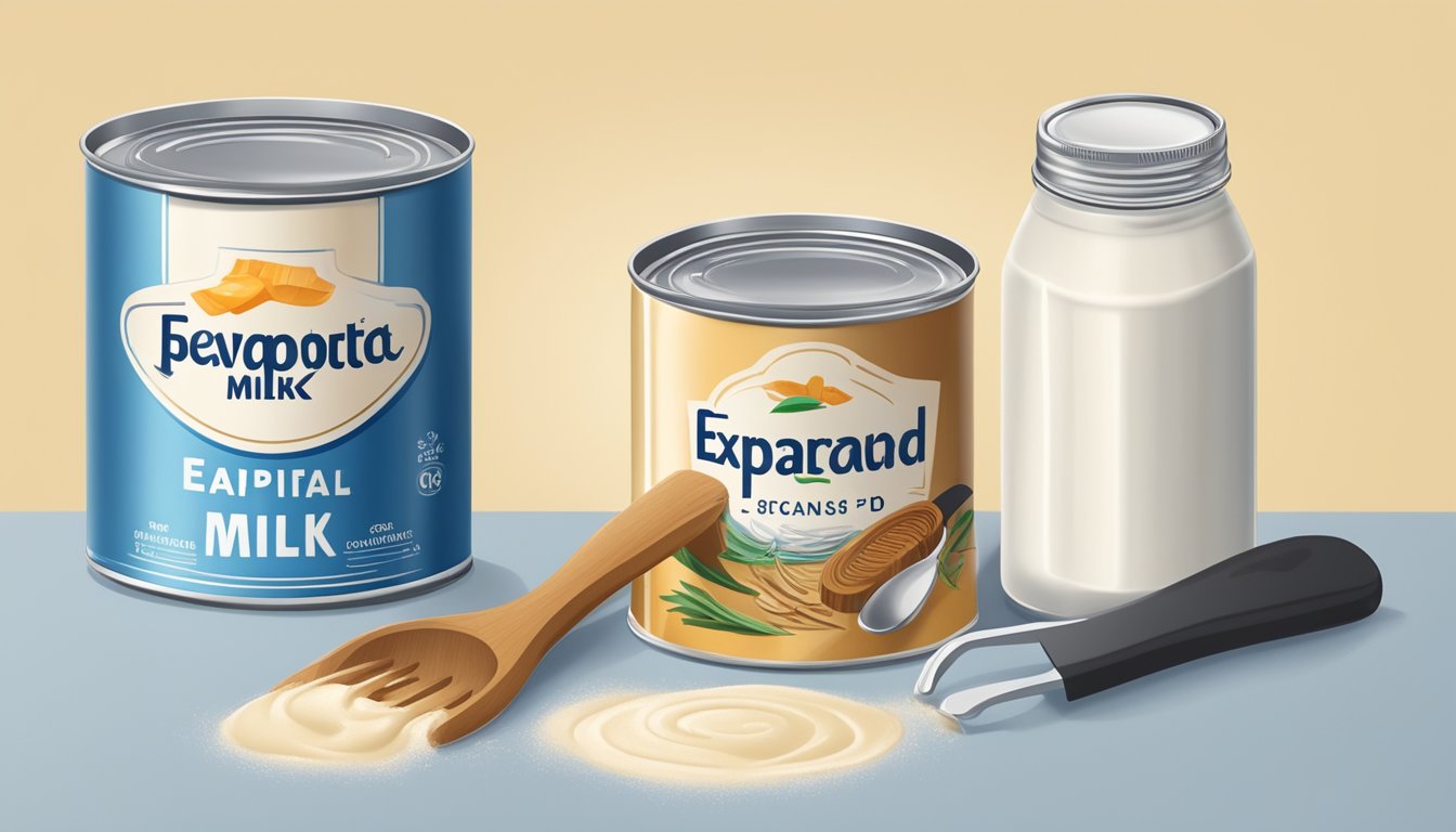 A can of evaporated milk with a clearly labeled expiration date and a variety of culinary tools and ingredients surrounding it