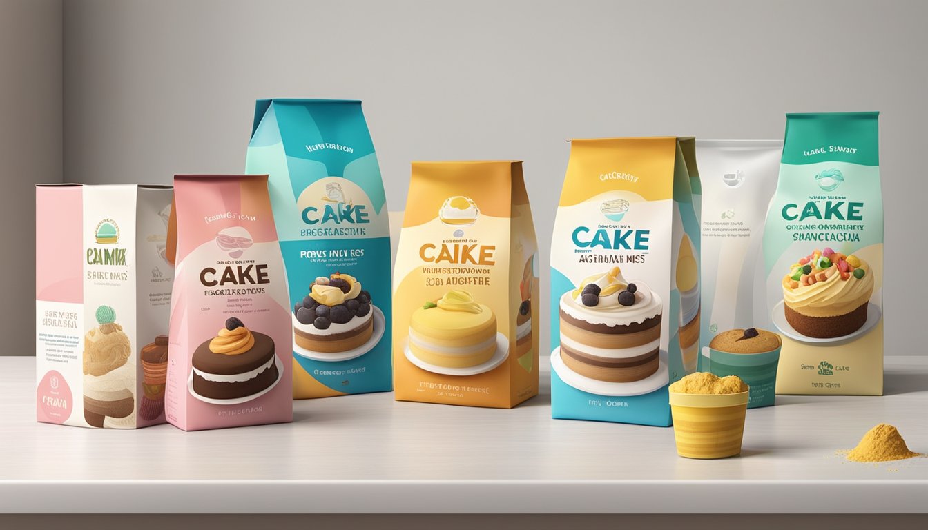 A variety of cake mix boxes arranged on a kitchen counter, with colorful packaging and different flavor options displayed