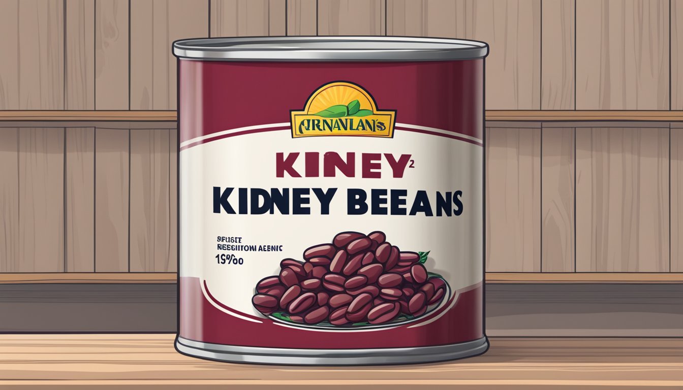 A can of kidney beans sits on a shelf with a date of expiration printed on the label