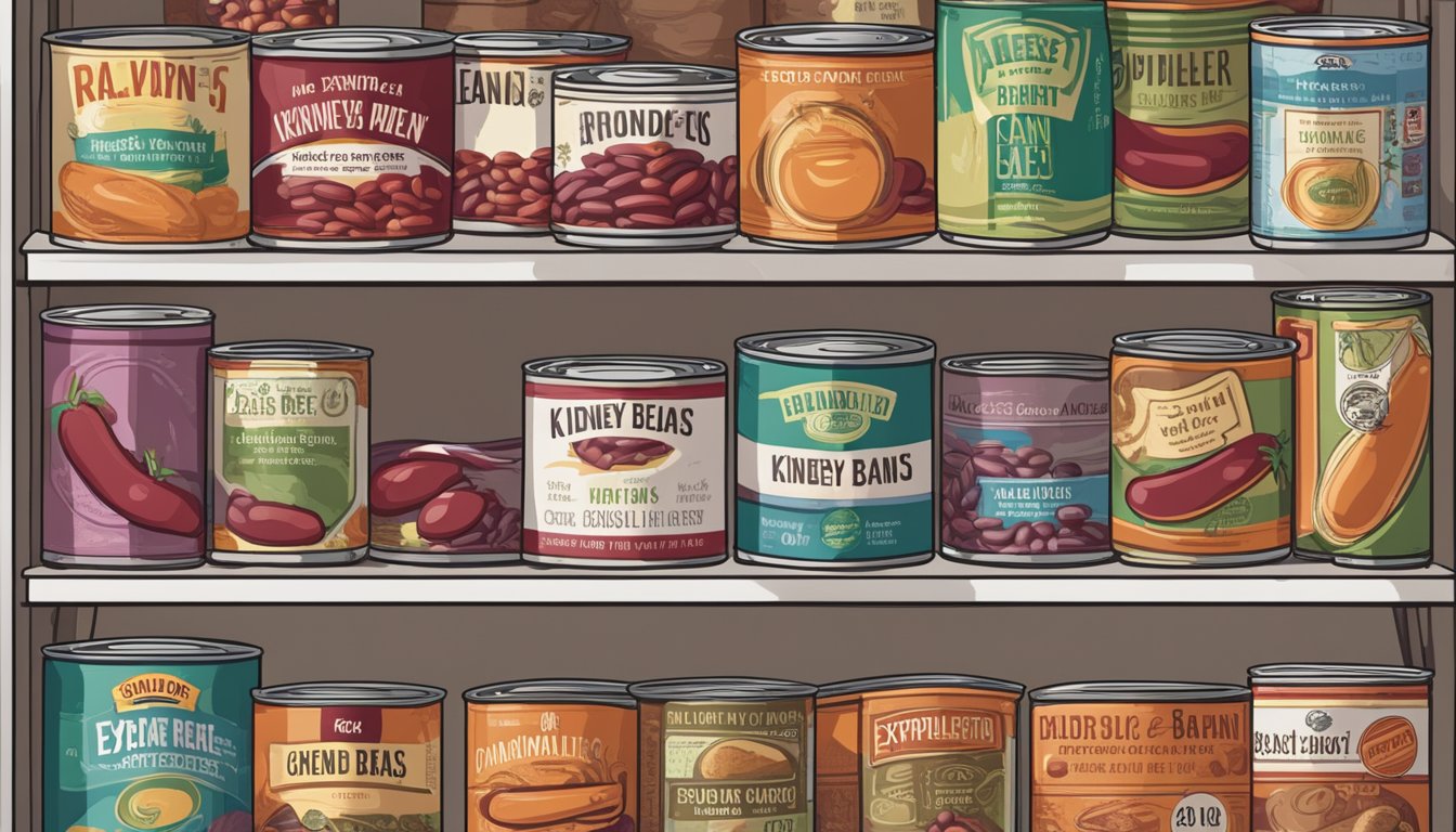 A can of kidney beans sits on a pantry shelf, surrounded by other canned goods. The label shows the expiration date, and a can opener lies nearby