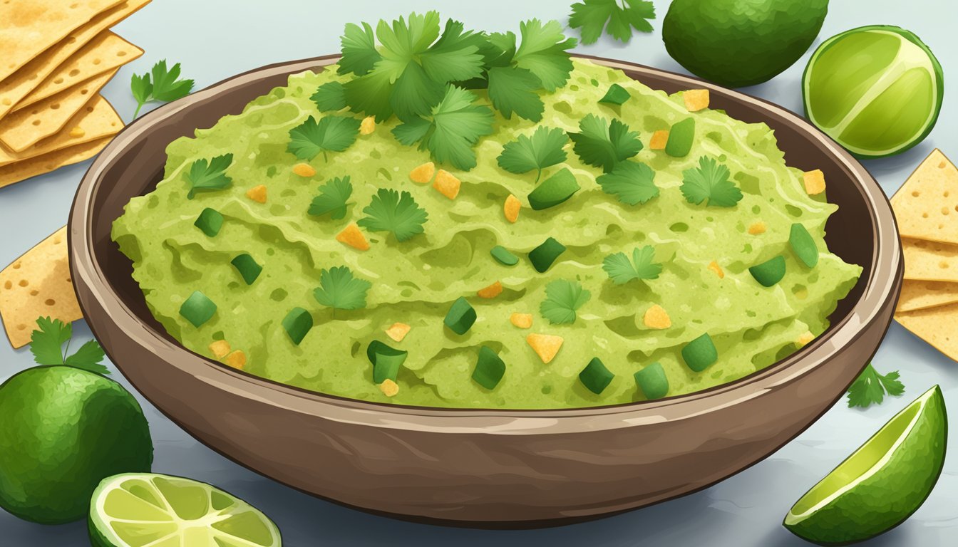 A bowl of Calavo Authentic Guacamole sits on a table, surrounded by tortilla chips and garnished with cilantro and lime slices